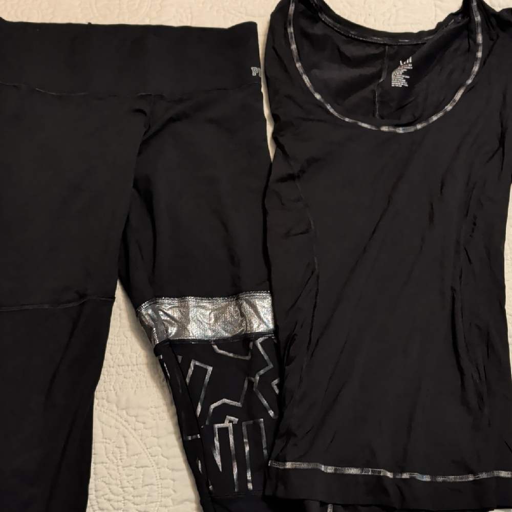 PINK Victoria's Secret Black Activewear Top and Leggings Set
